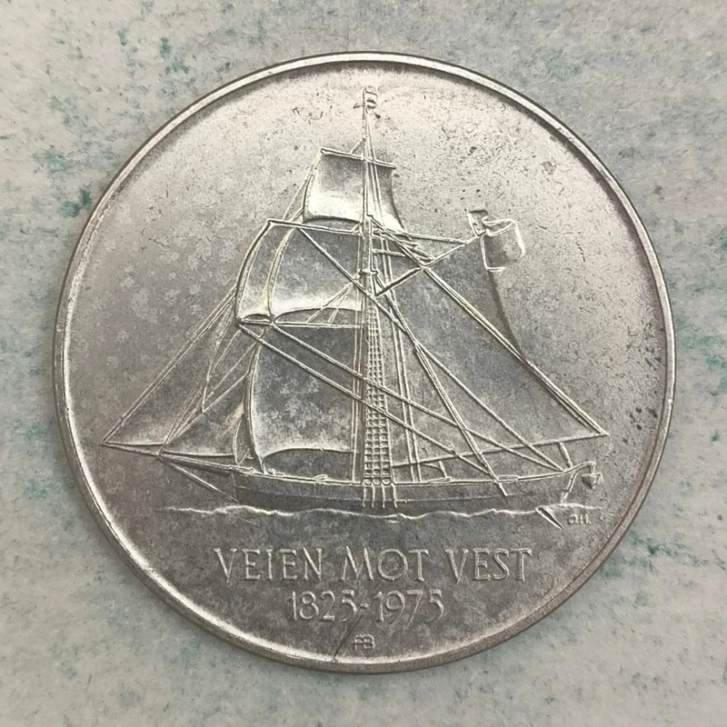 Obverse : Norway 5 kroner 1975, 150th anniversary of emigration to America set