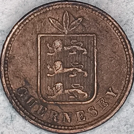 Avers : Guernesey 4 doubles 1864 - Armoiries de l'île