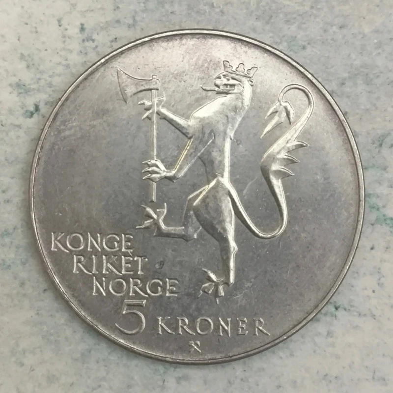 Reverse : Norway 5 kroner 1975, 150th anniversary of emigration to America set