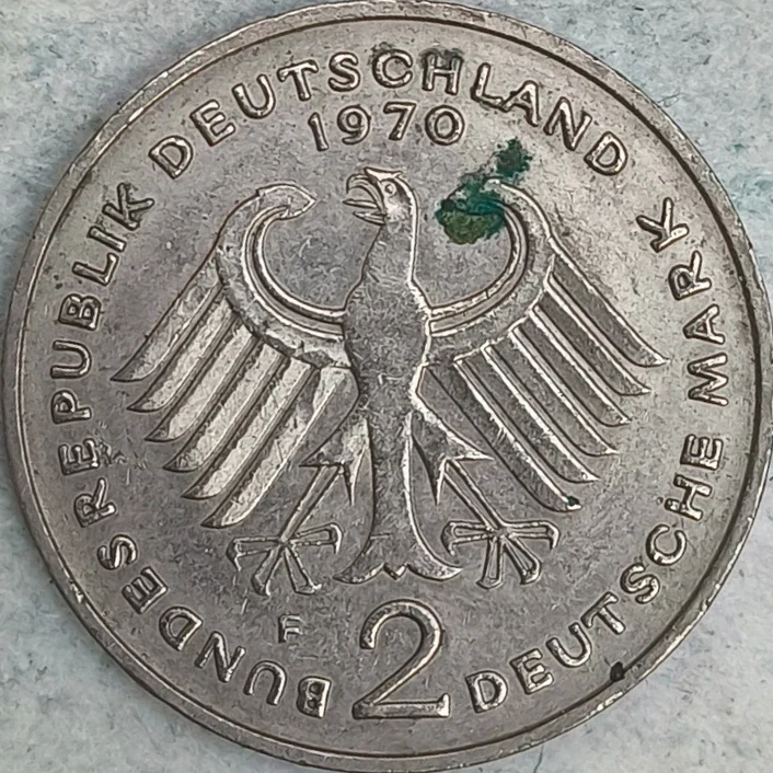 Rückseite : Deutschland 2 Mark Theodor Heuss 1970 F