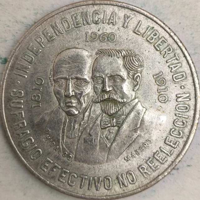 Reverse : Mexico 10 pesos 1960 Mo - Hidalgo with Madero